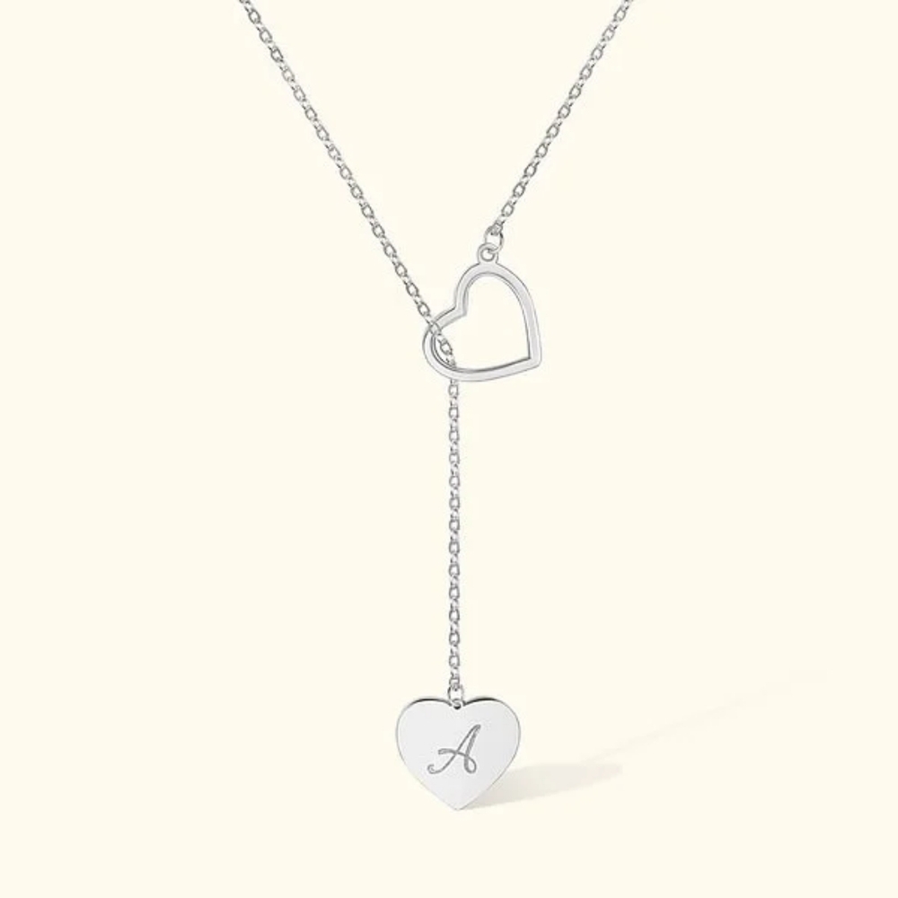 ✨️ Personalized Dainty Double Heart Lariat Sterling Silver Necklace Engraved A